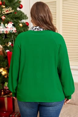image-Green Plus Size Leopard Trim Split Neck Puff Sleeve Blouse