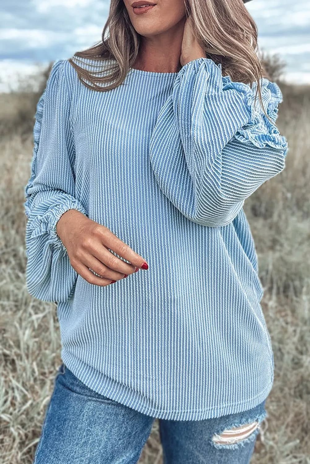 image-Mist Blue Puff Sleeve Corded Blouse with Frilly Detail (56 characters)