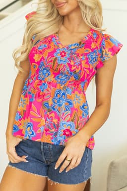 image-Floral Print Smocked Ruffle Trim Sleeve Blouse - Rose Red
