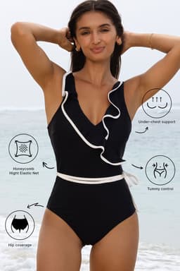 image-Black Ruffled Wrap V-Neck Swimsuit Contrast