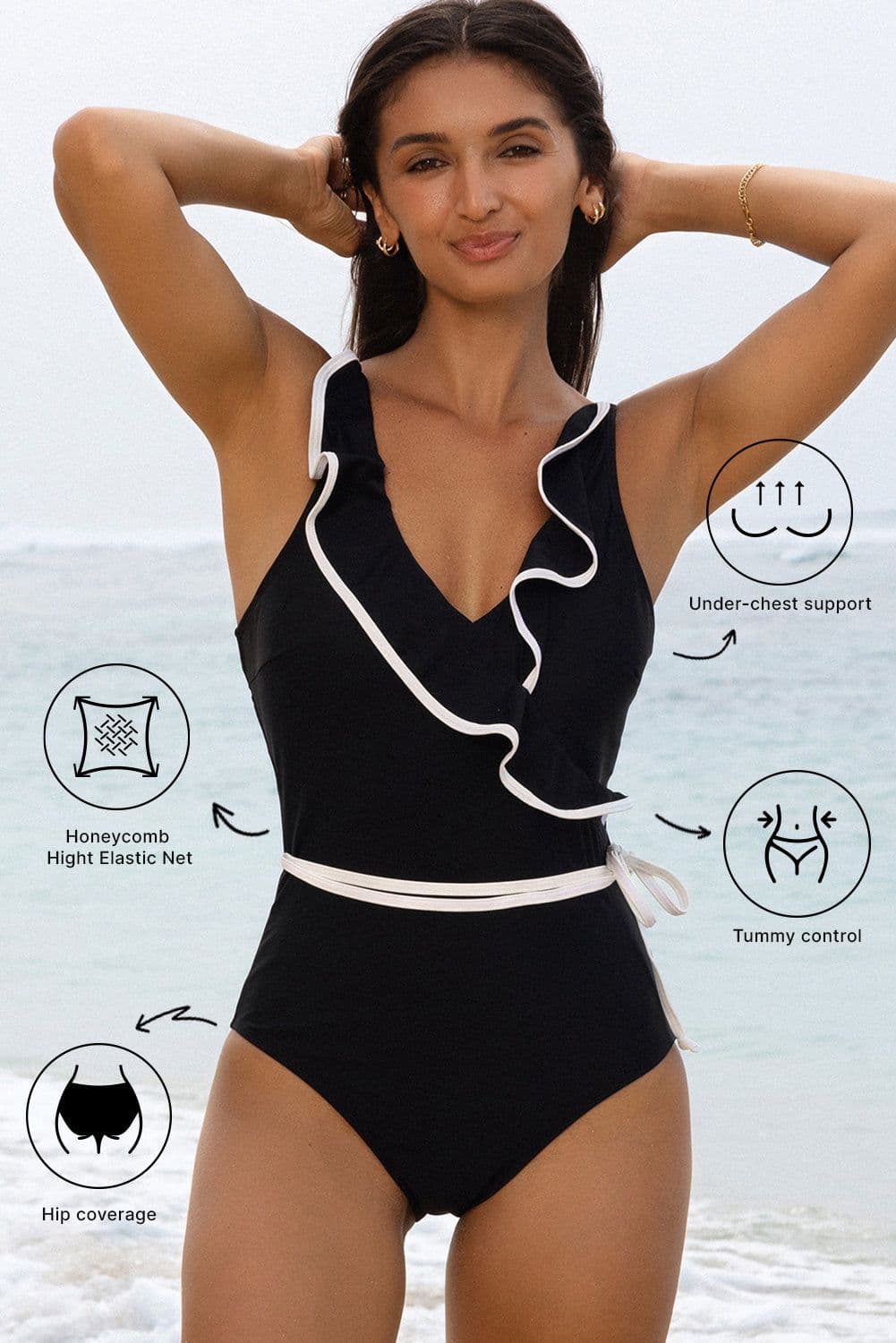 image-Black Ruffled Wrap V-Neck Swimsuit Contrast