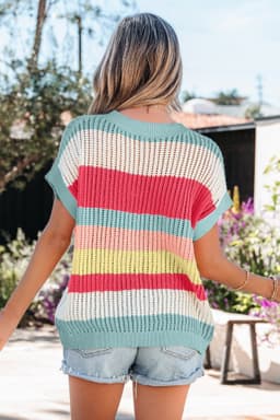 image-Green Stripe Color Block Hollow Out Knit Short Sleeve Sweater