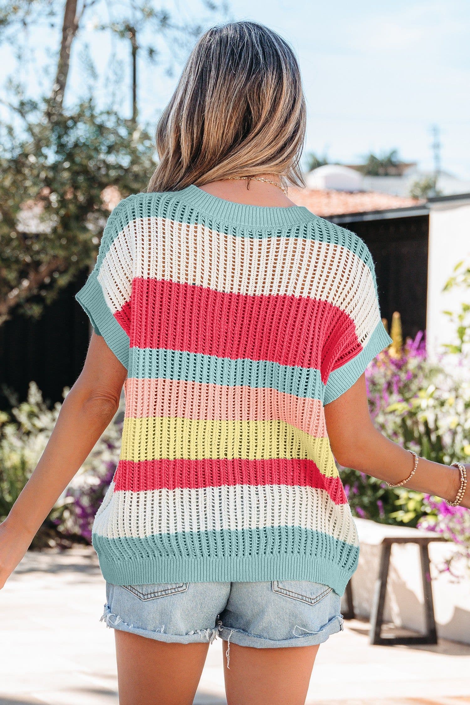 image-Green Stripe Color Block Hollow Out Knit Short Sleeve Sweater