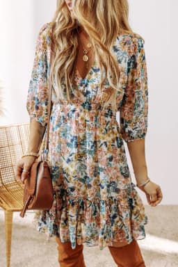 image-Sky Blue Floral V-Neck High Waist Dress 3/4 Sleeves Elegant