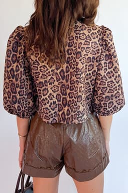 image-Brown Leopard Bow Tie Puff Sleeve Blouse