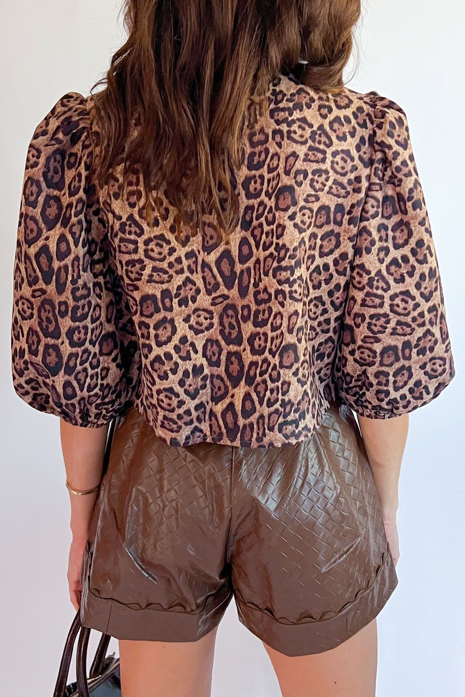 image-Brown Leopard Bow Tie Puff Sleeve Blouse