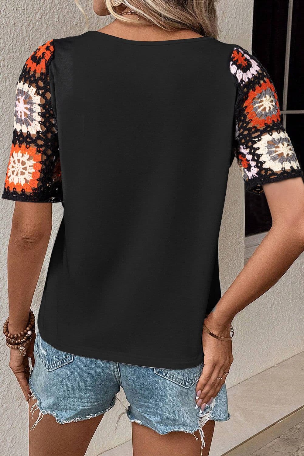 image-White Floral Crochet Top - Short Sleeve, Chic Round Neck, Relaxed Fit