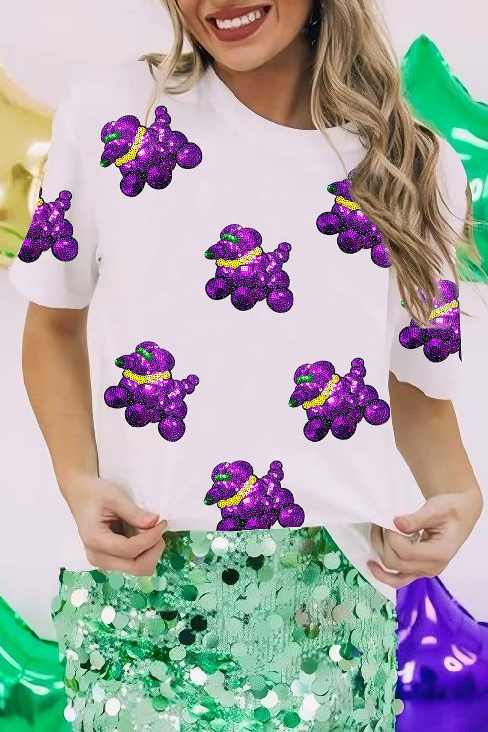 image-White Sequin Balloon Puppy Graphic Mardi Gras Tee