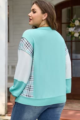 image-Aruba Blue Twist Ribbed Colorblock Plaid Plus Size Top