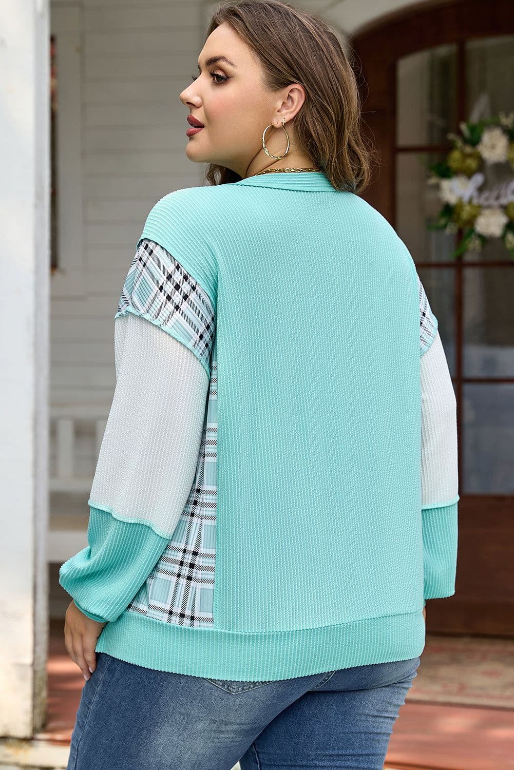 image-Aruba Blue Twist Ribbed Colorblock Plaid Plus Size Top