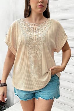 image-Plus Size Beige Crochet Lace Patched Cuffed Sleeve Top - Textured Cable Knit (65 characters)