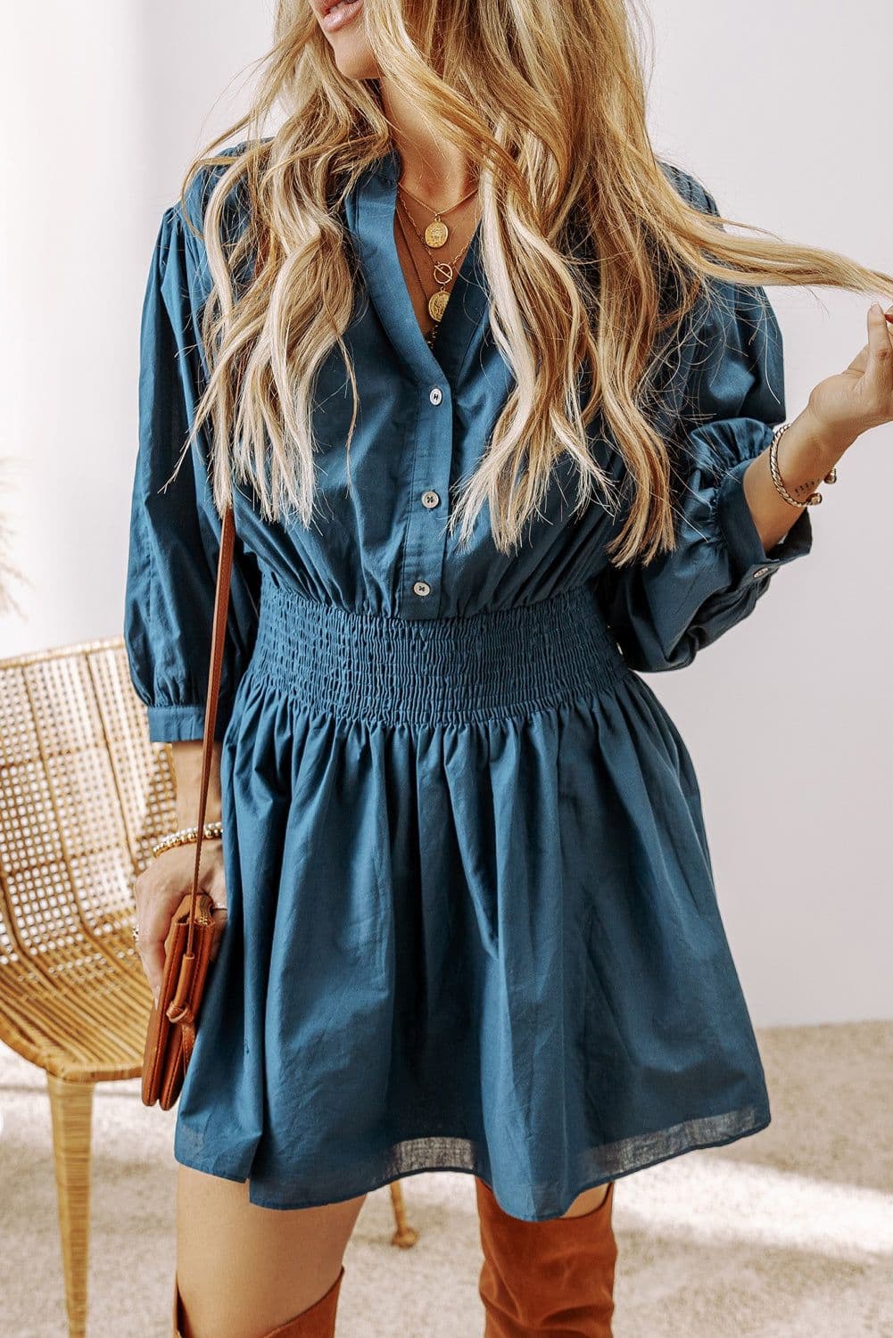 image-Prussian Blue Shirred High Waist Mini Dress - 3/4 Sleeves