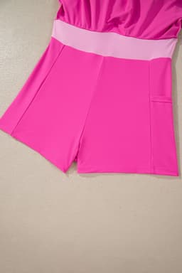 image-Rose Red Contrast Trim Neckline Active Shorts Attached One Piece Swim Dress