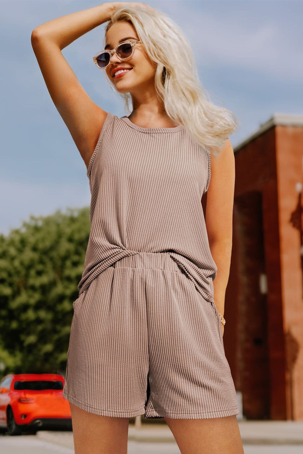 image-Smoke Gray Corded Sleeveless Top and Shorts Set