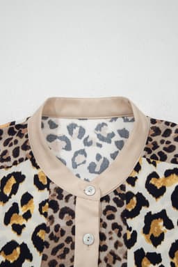 image-Khaki Mixed Leopard Patchwork 3/4 Sleeve Loose Shirt