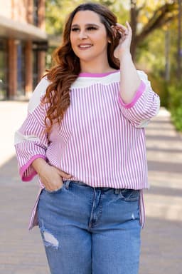 image-Pink Stripe Patchwork Plus Size T-Shirt