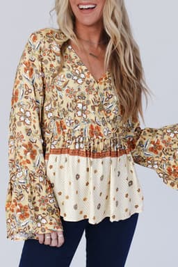 image-Yellow Floral Bell Sleeve Blouse With Peplum