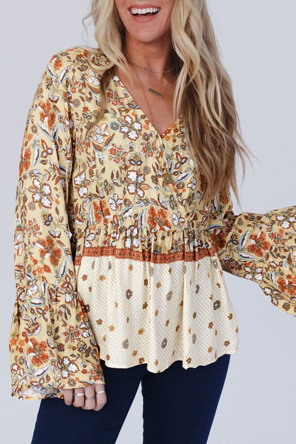 image-Yellow Floral Bell Sleeve Blouse With Peplum