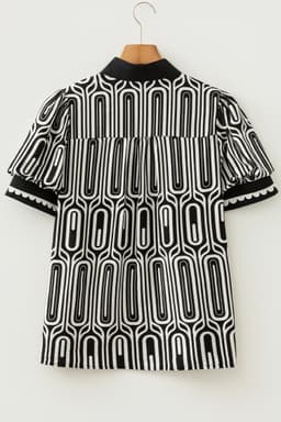 image-Black Geometric Print Contrast Scallop Color Block Patchwork Short Sleeve Blouse