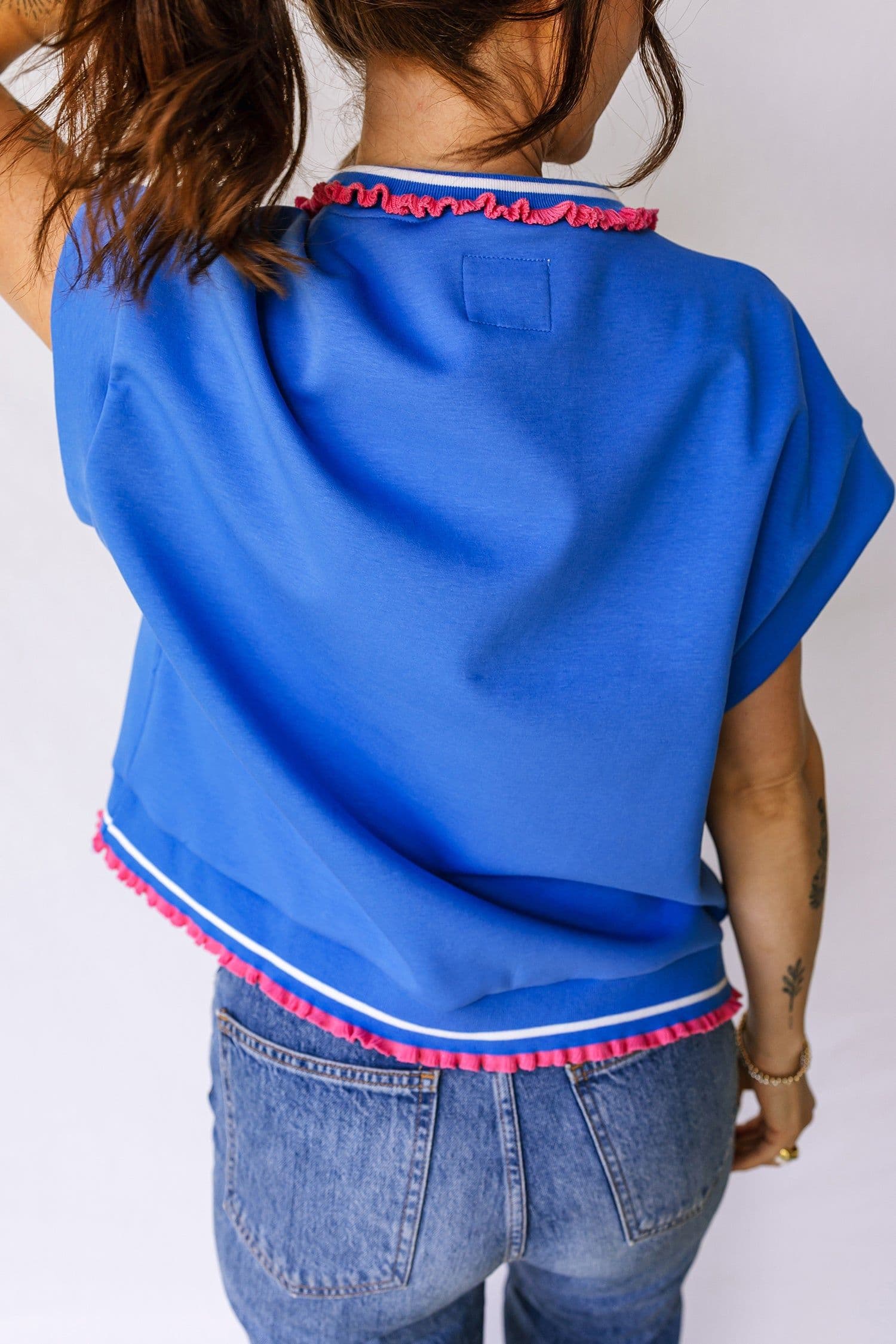 image-Sky Blue Knit Top - Frilled Trim Button Collar