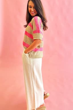 image-Pink Stripe Colorblock Short Sleeve Crew Neck Sweater