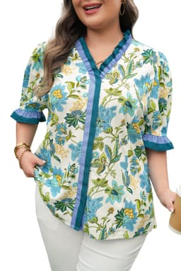 image-Sky Blue Plus Size Frilled V Neck Short Sleeve Floral Blouse