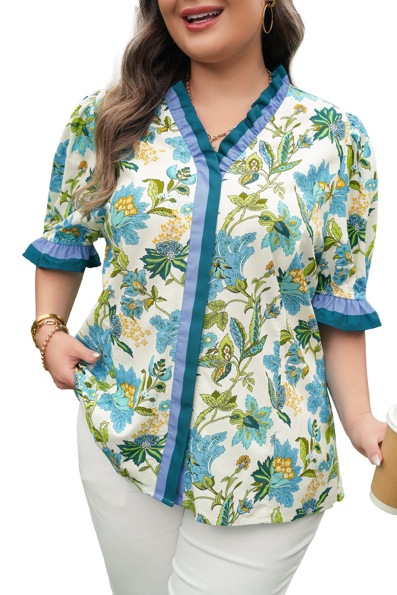 image-Sky Blue Plus Size Frilled V Neck Short Sleeve Floral Blouse
