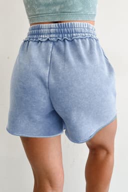 image-Sea Green Mineral Washed Drawstring Elastic Waist Raw Cut Shorts