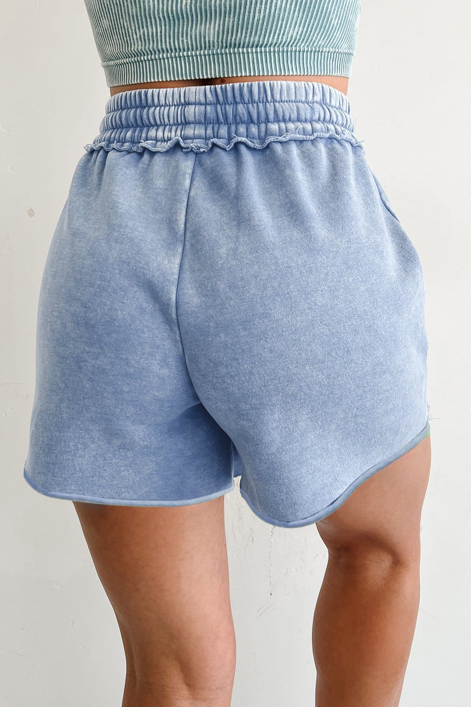 image-Sea Green Mineral Washed Drawstring Elastic Waist Raw Cut Shorts