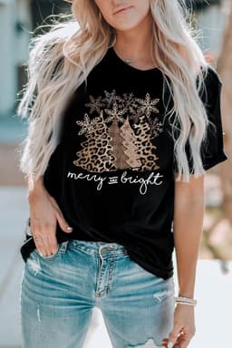 image-Black Leopard Christmas Tree Graphic Crew Neck T-Shirt