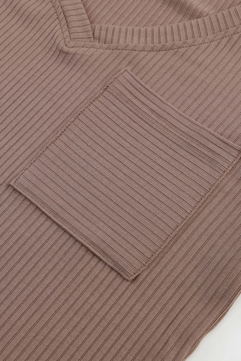 image-Khaki Ribbed Knit V Neck Top Chest Pocket