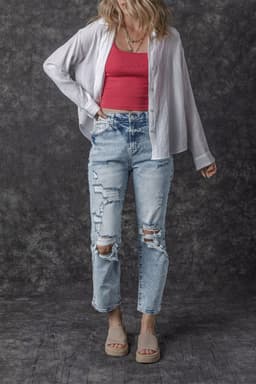 image-Sky Blue Light Wash Frayed Slim Fit High Waist Jeans
