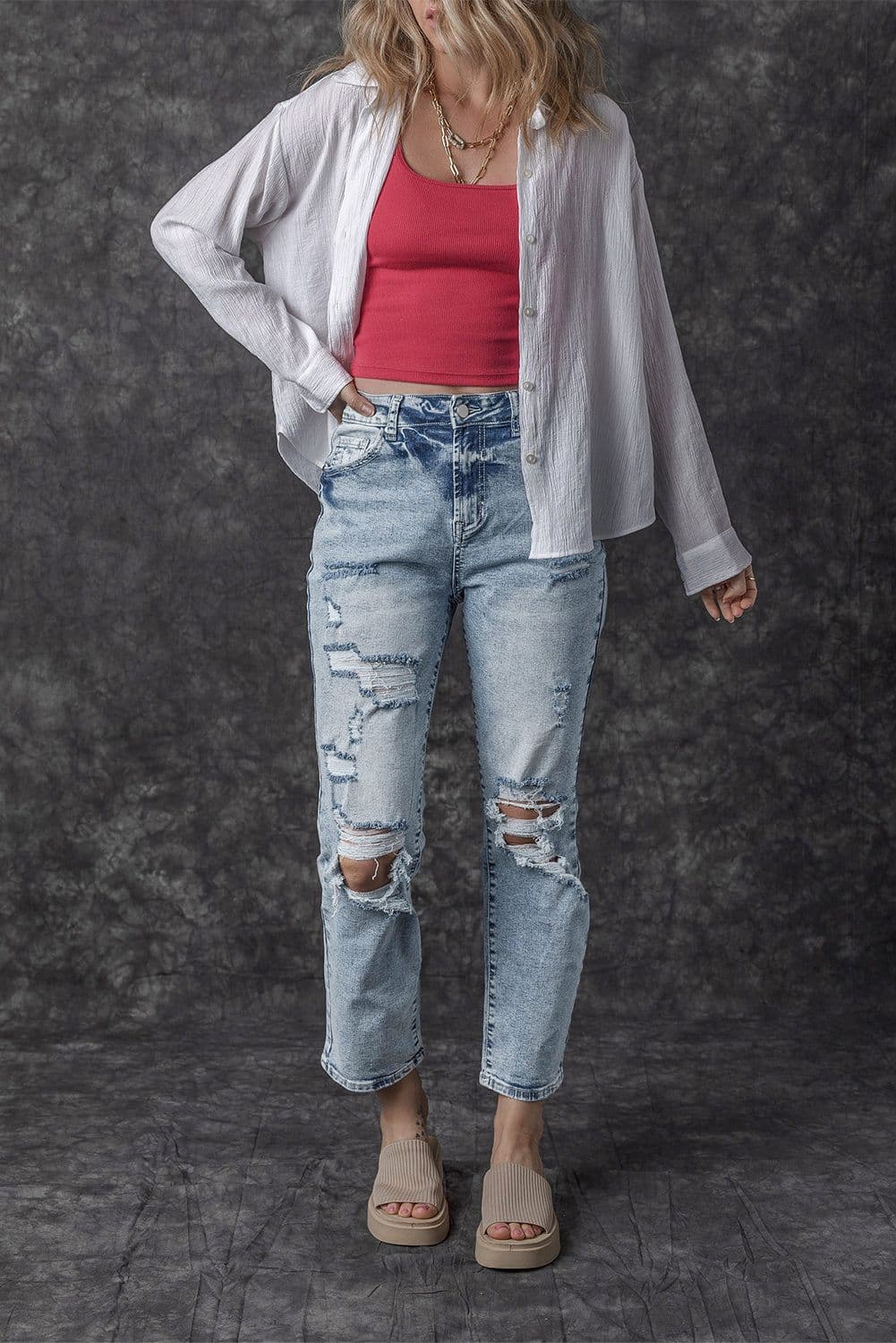 image-Sky Blue Light Wash Frayed Slim Fit High Waist Jeans