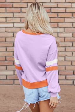 image-Orchid Bouquet Contrast Rib Knit Patchwork Drop Shoulder V Neck Sweatshirt