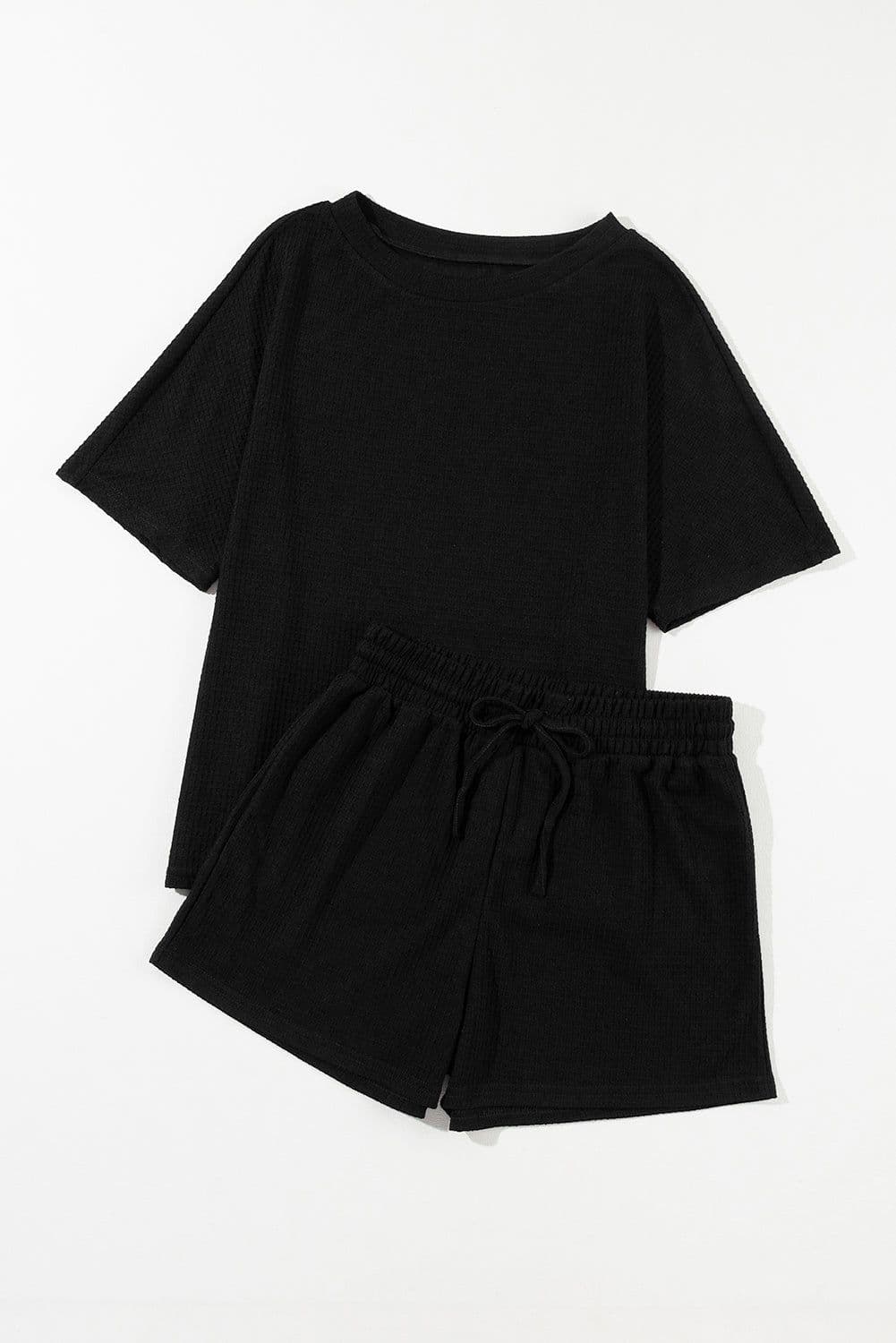 image-Rose Red Textured Tee and Drawstring Shorts Set