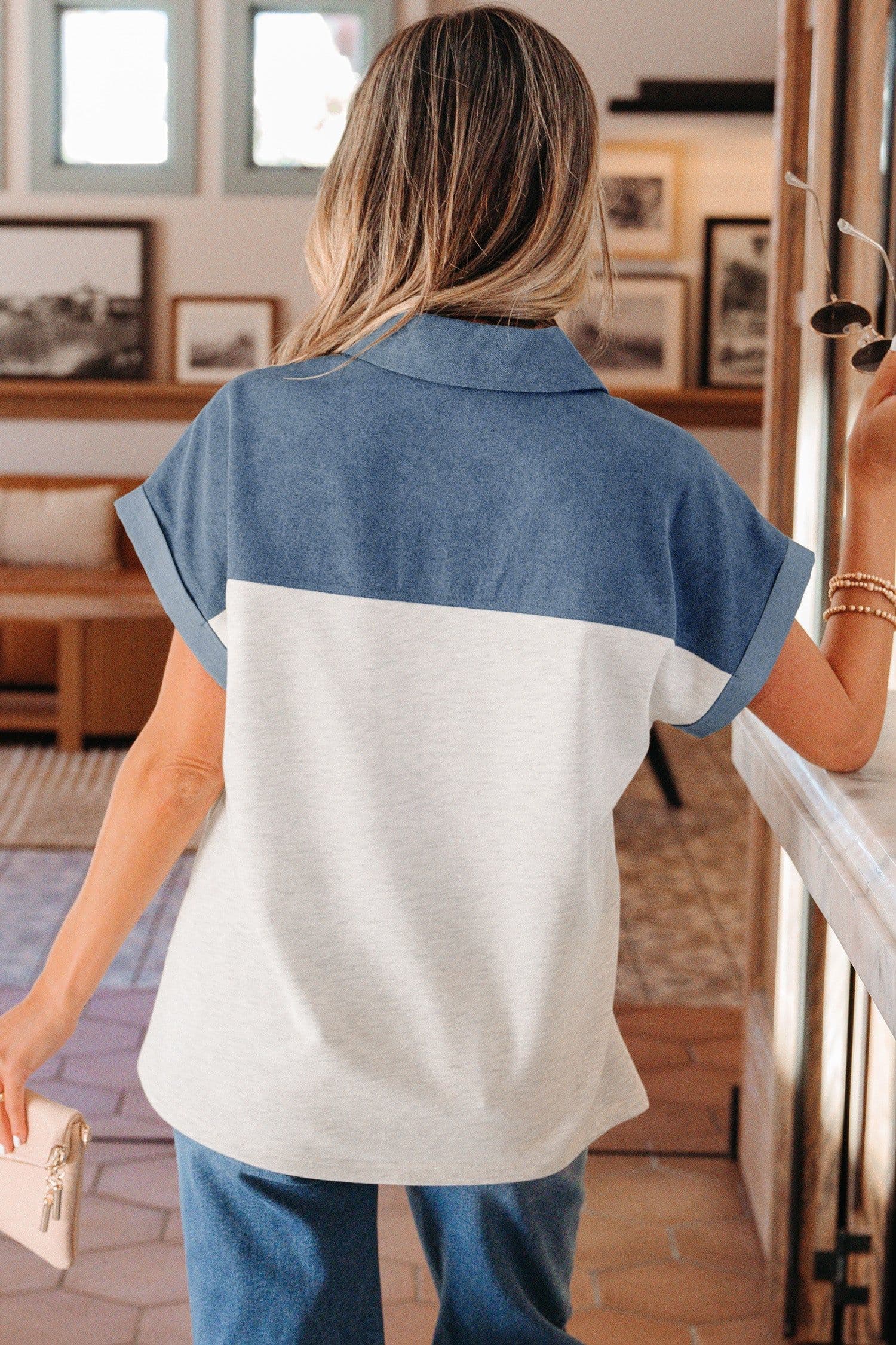 image-Light Grey Denim Patchwork Polo - Color Block Short Sleeve