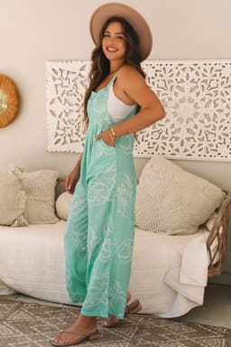image-Chic Jade Printed Bib Wide Leg Overalls - Comfortable & Stylish (65 characters)