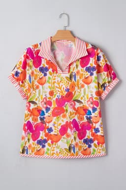 image-Rose Striped Trim Collared V Neck Short Sleeve Floral Print Blouse