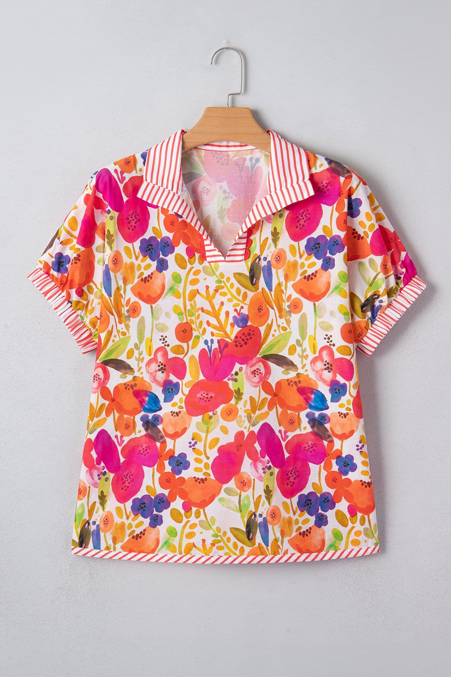 image-Rose Striped Trim Collared V Neck Short Sleeve Floral Print Blouse