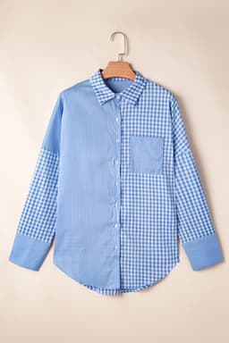 image-Sky Blue Striped Plaid Button-Up Long Sleeve Shirt - Casual Chic Design