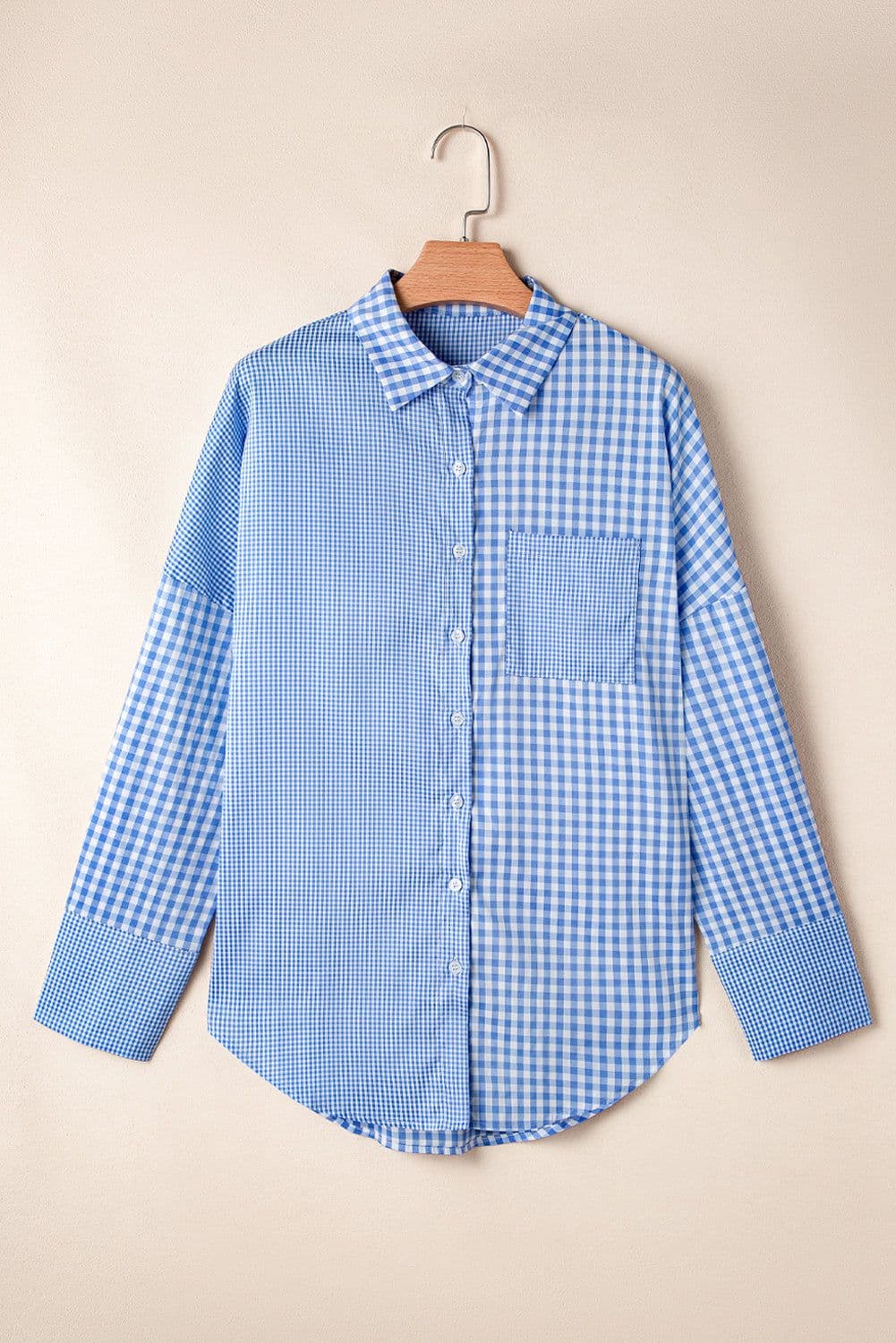 image-Sky Blue Striped Plaid Button-Up Long Sleeve Shirt - Casual Chic Design