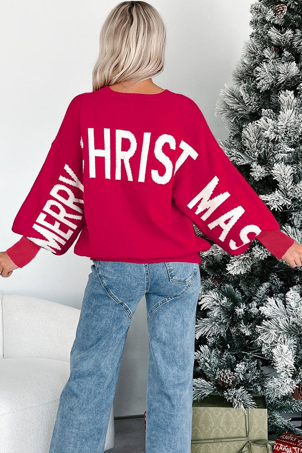 image-Blackish Green HO HO HO MERRY CHRISTMAS Drop Shoulder Loose Sweater