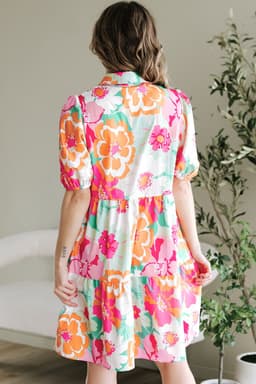 image-Pink Floral Puff Sleeve Collar Buttoned Babydoll Dress
