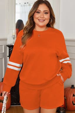 image-Orange Plus Size Varsity Striped Pullover Short Set