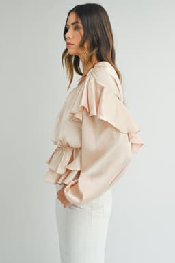 image-Oatmeal Ruffled Peplum Blouse - Keyhole Back, Size S-XL