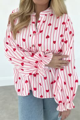 image-Pink Stripe Textured Heart Print Long Flounce Sleeve Shirt