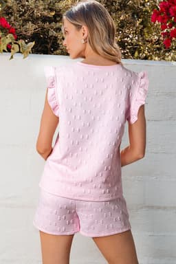image-White Bow Jacquard Ruffle Sleeve Short 2pcs Outfit