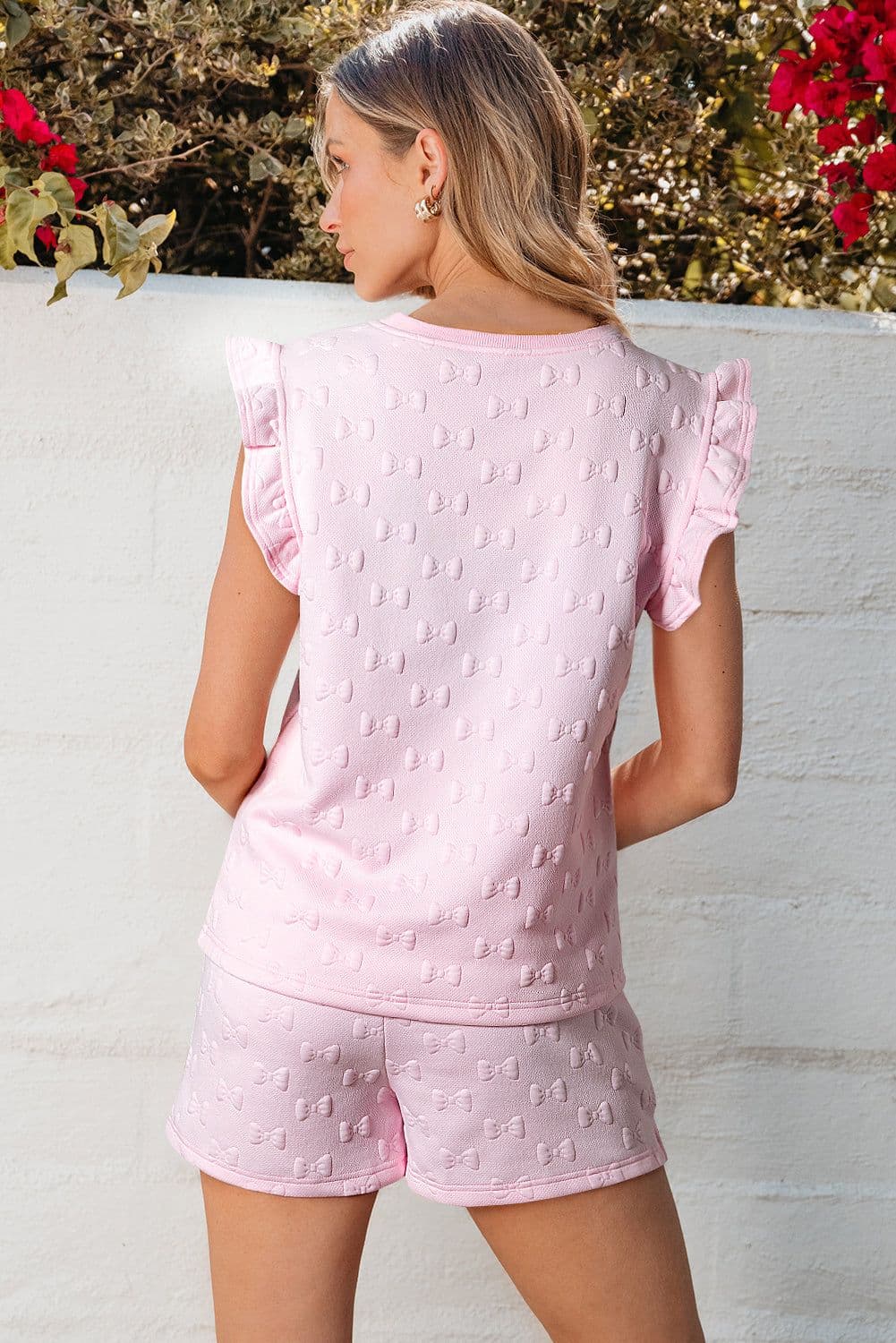image-White Bow Jacquard Ruffle Sleeve Short 2pcs Outfit