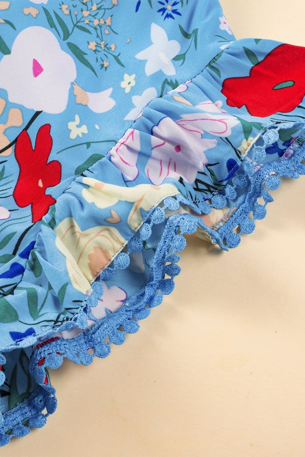 image-Sky Blue Floral Flutter Sleeve V Neck Ruffled Dress