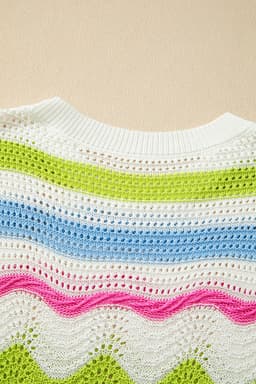 image-White Colorblock Crochet Knit Ruffled Short Sleeve Top